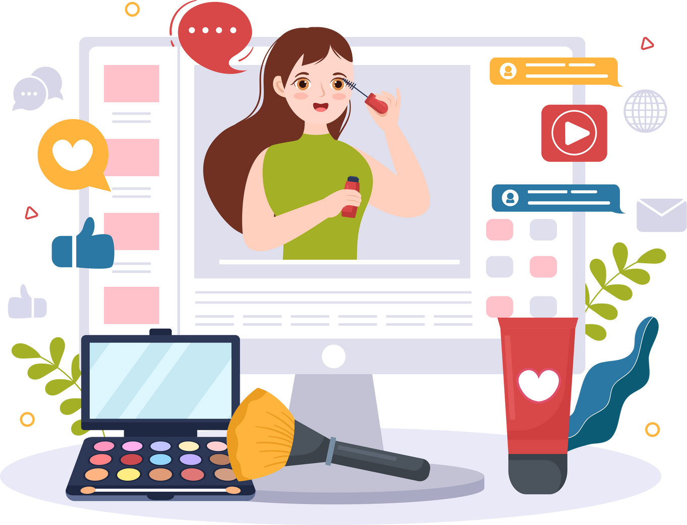 Illustration of a woman applying makeup in front of a computer screen with cosmetics and social media icons around